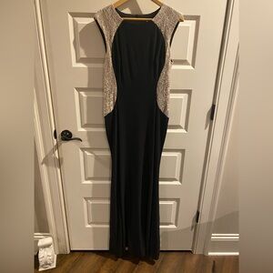 Xscape Black and Cream Lace Maxi Dress